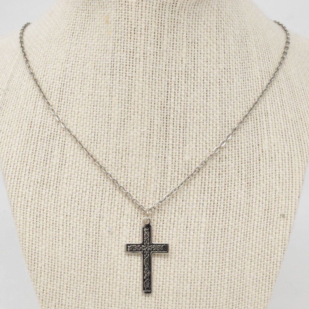 Cross Pendant Necklace Silvertone Scroll Unisex